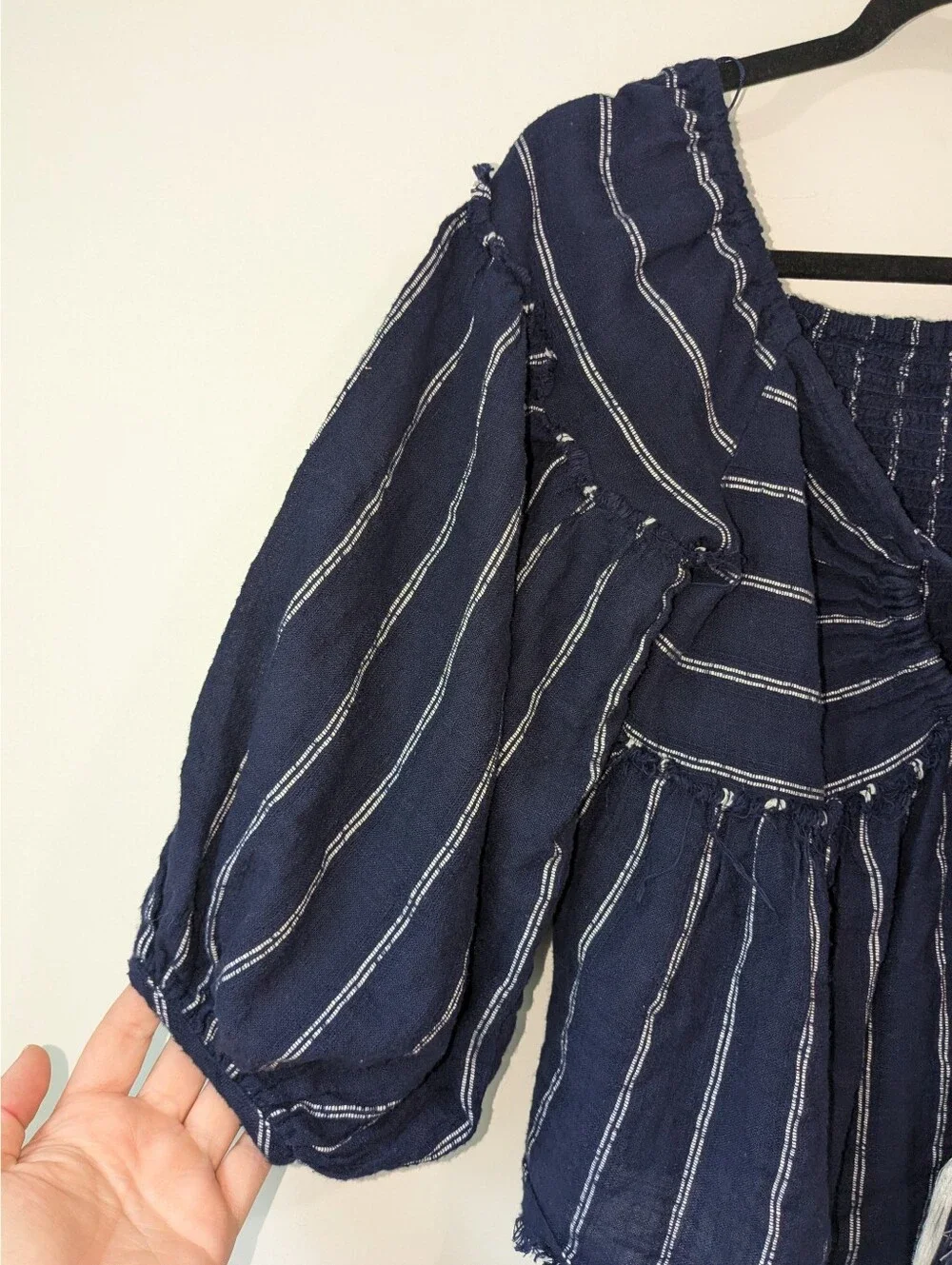 Free People Navy Blue Pinstripe Peasant Top